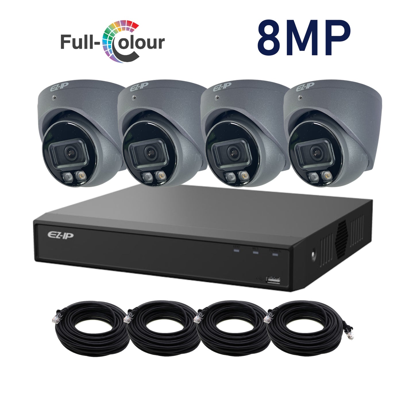 8MP EZ-IP by Dahua Full-Colour IP POE CCTV Kit with 4 Cameras, 2TB HDD and Ready Made Cables